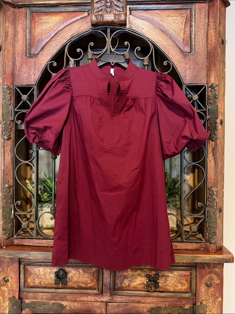 Women's Burgundy Puff-Sleeve Tunic Dress